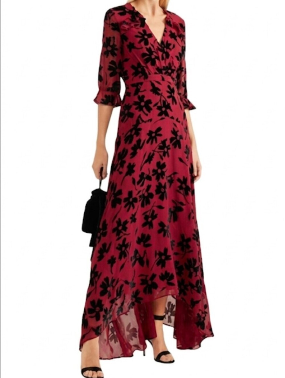 Saloni Red Chiffon V Maxi Dress Black Velvet Flowers Size 2 Edith Devor